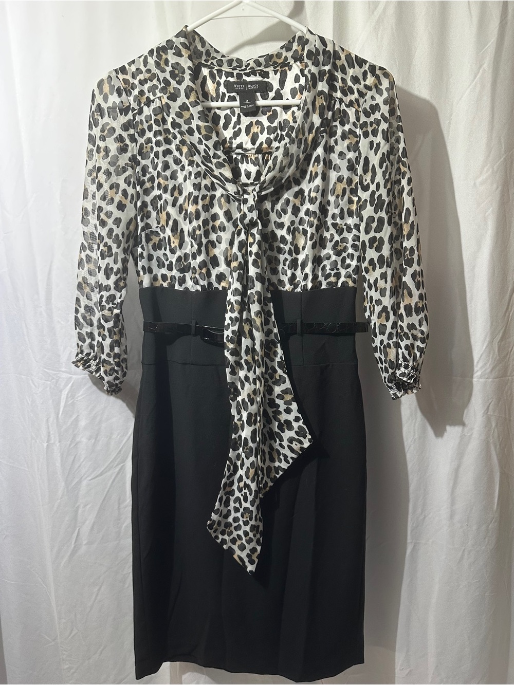 White House Black Market Black Pencil Dress with Leopard Print Tie-Neck Top